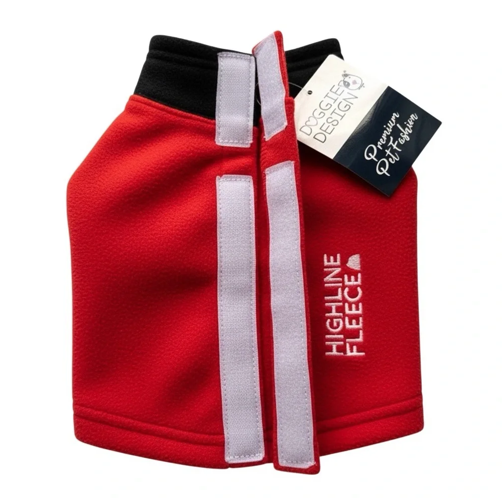 HIGHLAND FLEECE Dog Coat by DOGGIE DESIGN in Red w/Black Trim - Velcro Closure